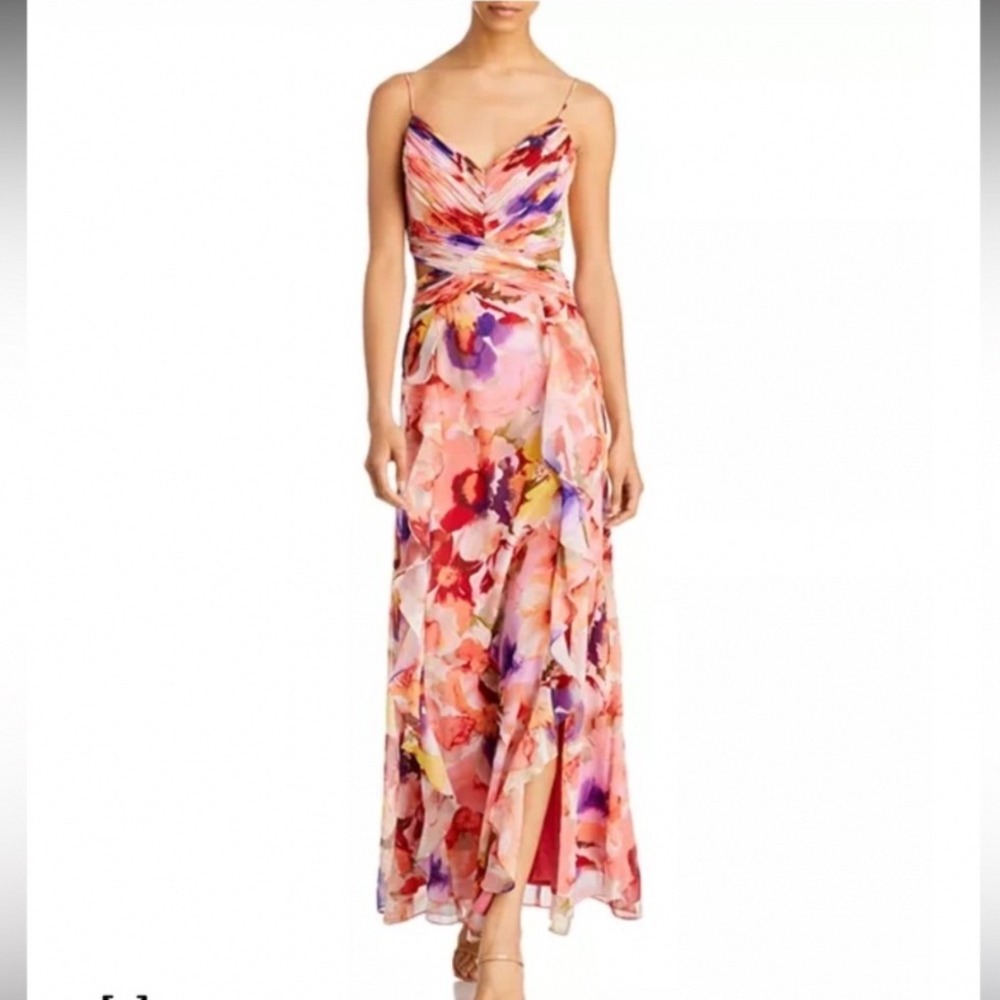 AQUA Formal Maxi Dress Womens 10 Orange Floral Cutout Ruffle Gown Style 4909X